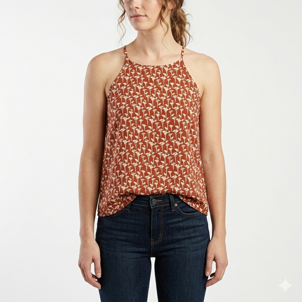 PLEIONE Mushroom Floral Print Tank Top Racerback Sienna Rust Brown White SZ XS